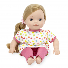 You & Me 12 Inch Satin Bow Toddler Doll - Blonde in Dark Pink Heart Print with Side Braid