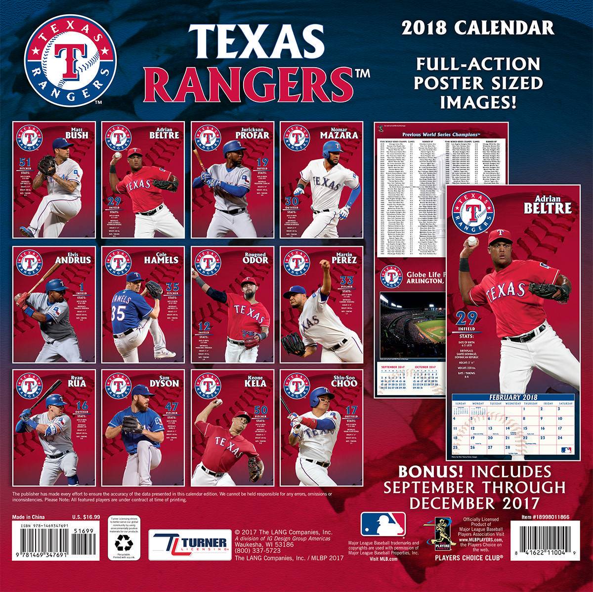 Turner 2018 MLB Texas Rangers Wall Calendar Играландия интернет