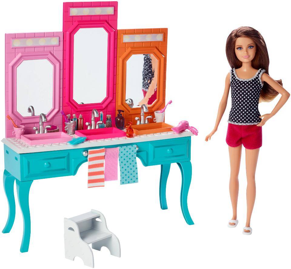 Набор Barbie ванная комната сестра Скиппер, 26 см, dgx46
