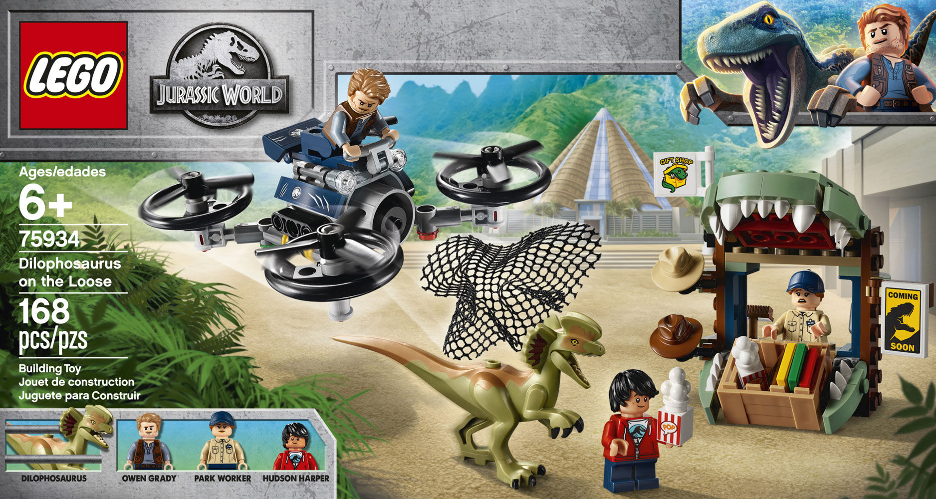 Lego jurassic world dilophosaurus on the loose plane drone toy dinosaur building set 75934 sale