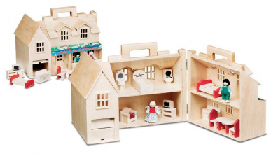 Melissa & Doug Fold & Go Wooden Dollhouse With 2 Play Figures and 11 Pieces of Furniture