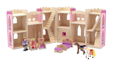 Melissa & Doug Fold and Go Wooden Princess Castle With 2 Royal Play Figures, 2 Horses, and 4 Pieces of Furniture