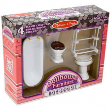 Melissa & Doug Classic Wooden Dollhouse Bathroom Furniture (4 pcs) - Tub, Sink, Toilet, Towel Rack