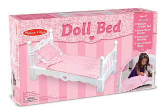 Melissa & Doug White Wooden Doll Bed With Bedding (24 x 12 x 11 inches)