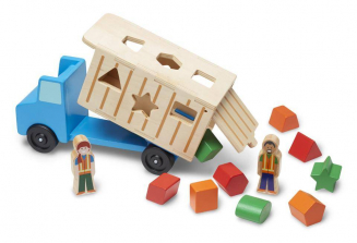 Melissa & Doug Shape-Sorting Wooden Dump Truck Toy With 9 Colorful Shapes and 2 Play Figures