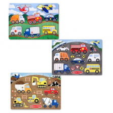 Melissa & Doug Wooden Peg Puzzles Set - Construction Site, Transportation and Vehicles