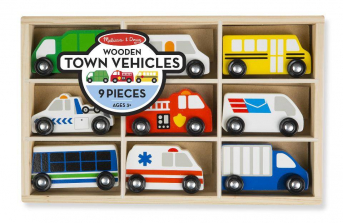 Melissa & Doug Wooden Town Vehicles Set in Wooden Tray (9 pcs)