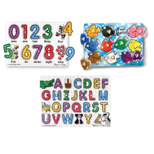 Melissa & Doug Classic Wooden Peg Puzzles (Set of 3) - Numbers, Alphabet, and Colors