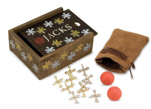 Melissa & Doug Classic Jacks Game - 10 Metal Jacks, 2 Rubber Balls, Storage Pouch, Wooden Box