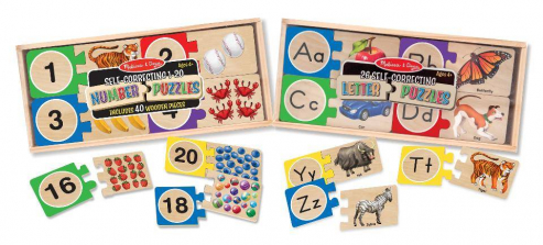 Melissa & Doug Self-Correcting Letter and Number Wooden Puzzles Set With Storage Box