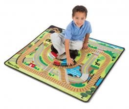 Melissa & Doug Round the Rails Train Rug With 3 Linking Wooden Train Cars (39 x 36 inches)