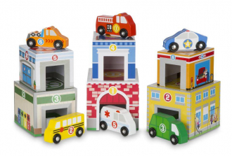 Melissa & Doug Nesting and Sorting Wooden Buildings and Vehicles Playset