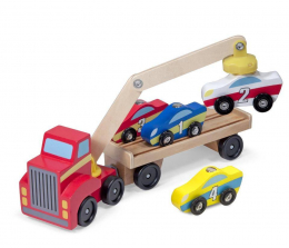 Melissa & Doug Magnetic Car Loader Wooden Toy Set With 4 Cars and 1 Semi-Trailer Truck