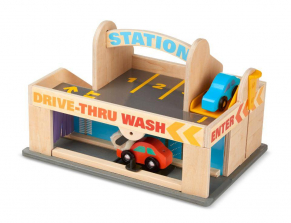 Melissa & Doug Service Station Parking Garage With 2 Wooden Cars and Drive-Thru Car Wash