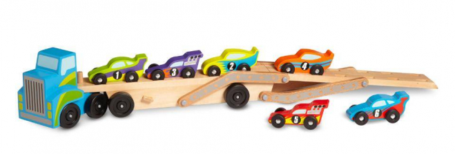 Melissa & Doug Mega Race-Car Carrier - Wooden Tractor and Trailer With 6 Unique Race Cars