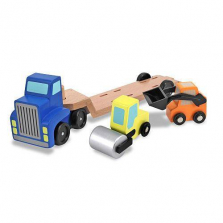 Melissa & Doug Low Loader Wooden Vehicle Play Set - 1 Truck With 2 Chunky Construction Vehicles