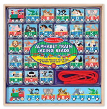 Melissa & Doug Alphabet Train Lacing Beads - 27 Wooden Train Beads, 6 Pattern Cards, and 1 Lace