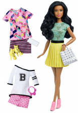 Barbie Fashionistas Doll with Fashion Set - Teal Shirt, Yellow Skirt, Floral T-Shirt & Skirt, Varsity Tee & Pink Shorts