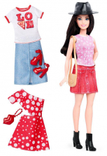 Barbie Fashionistas Doll with Fashion Set - Red Dress With Dots, "Love Pizza" T-Shirt & Skirt, Pink Tank Top & Skirt