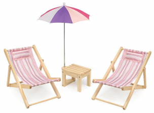 Badger Basket Beach Chair Set with Table and Umbrella for Two 18 inch Doll - Summer Stripes