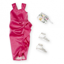 Journey Girls Raspberry Dress with Silver Gladiator Sandals Celebration Outfit for 18-inch Doll
