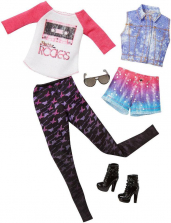 Barbie Day Looks Fashion - Barbie and The Rockers Shirt, Guitar Pattern Leggings, Tie-Die Shorts, Denim Vest, Sunglasses