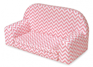 Badger Basket Toys 18 inch Upholstered Doll Sofa with Foldout Bed - Pink Chevron