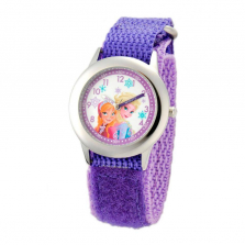 Disney Frozen Anna and Elsa Stainless Steel Time Teacher Watch with Purple Stretch Nylon Strap