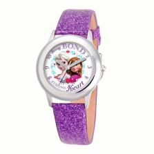 Disney Frozen "Strong Heart, Strong Bond" Anna and Elsa Stainless Steel Watch with Purple Glitter Leather Strap