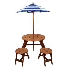 Wood Round Table with Umbrella and 2 Chairs