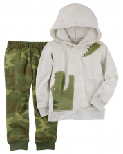 Carter's 2 Piece Grey Crocodile Applique Hoodie with Green Camouflage Printed Jogger Pant Set - Toddler