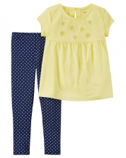Carter's 2 Pack Yellow Flower Applique Babydoll Top with Navy Polka Dot Printed Leggings Set - Toddler
