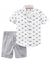 Carter's 2 Piece White Car Printed Button Down Shirt with White/Grey Seersucker Printed Shorts Set - Toddler