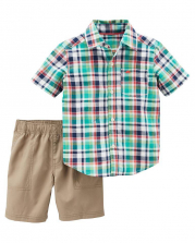 Carter's 2 Piece Green/White/Grey Plaid Button Down Shirt with Khaki Shorts Set - Toddler