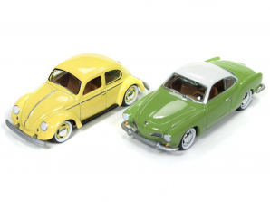 Johnny Lightning Volkswagen 2pk - 1966 Kjarmann Ghia Hippy Green with White Roof and 1950 Split Window Beetle Yellow