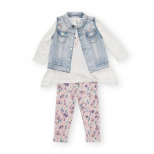 Jessica Simpson 3 Piece Blue Denim Embroidered Vest, White Printed Tunic Top with Pink Leggings Set - Infant/Toddler