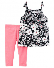 Carter's 2 Piece Black Floral Printed Tank Top with Pink Leggings Set - Toddler