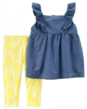 Carter's 2 Piece Blue Chambray Babydoll Top with White/Yellow Floral Printed Leggings Set - Toddler