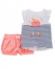 Carter's 2 Piece White/Navy Striped Monster Printed Top with Pink Shorts Set - Toddler