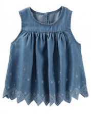 Baby B'Gosh Blue Chambray Embroidered Babydoll Top with Eyelet Detail -Toddler