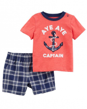 Carter's 2 Piece Orange "Aye Aye Captain" Printed Top with Navy/White Plaid Shorts Set - Toddler