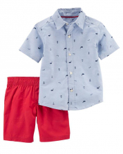Carter's 2 Piece Blue Printed Button Down Shirt with Red Shorts Set - Toddler