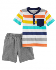 Carter's 2 Piece White/Yellow/Orange Striped Henley Top with Grey Shorts Set - Toddler