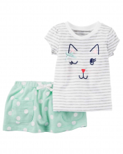 Yesil baby girl Polka-Dot skirt and cat T-shirts - set of 2