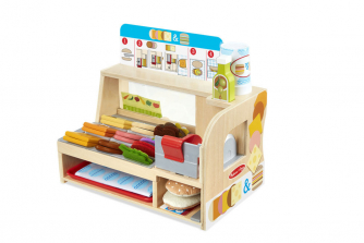 Melissa & Doug Wooden Slice & Stack Sandwich Counter with Deli Slicer - 56-Piece Pretend Play Food Pieces - English Edition