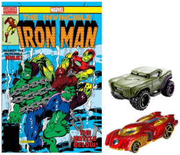 Hot Wheels Marvel 1:64 Scale Car 2 Pack with Comic Book - Hulk vs. Iron Man