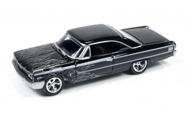 Johnny Lightning Street Freaks Diecast Vehicle - 1963 Ford Galaxie Gloss Black with Flat Black Flames