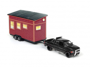 Johnny Lightning Tiny Houses with Vehicle - Gloss Black 1996 Dodge Ram 1500 and Shake Siding Red House