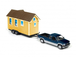 Johnny Lightning Tiny Houses with Vehicle - Dark Blue Metallic 2002 Chevrolet Silverado and Yellow Siding House