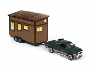 Johnny Lightning Tiny Houses with Vehicle - Forest Green Metallic 1996 Dodge Ram 1500 and Shake Siding Brown House